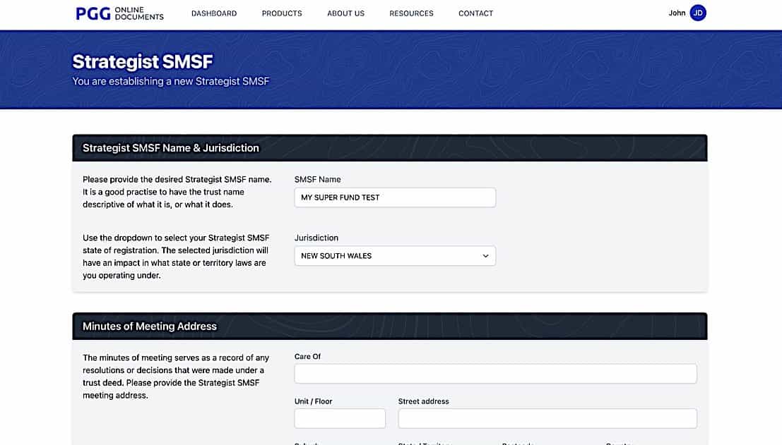 SMSF Establishment - General Details 1 screen
