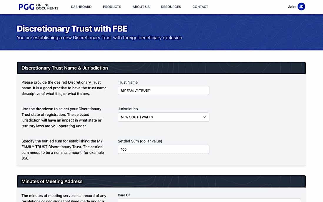 Trust Establishment - General Details 1 screen